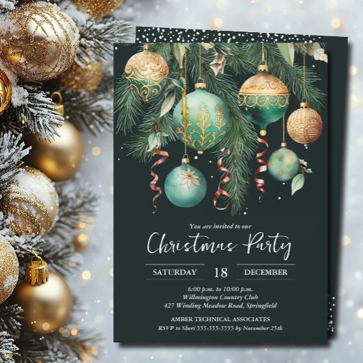 Invitation Carton d'invitation à la fête de Noël Boules dorée