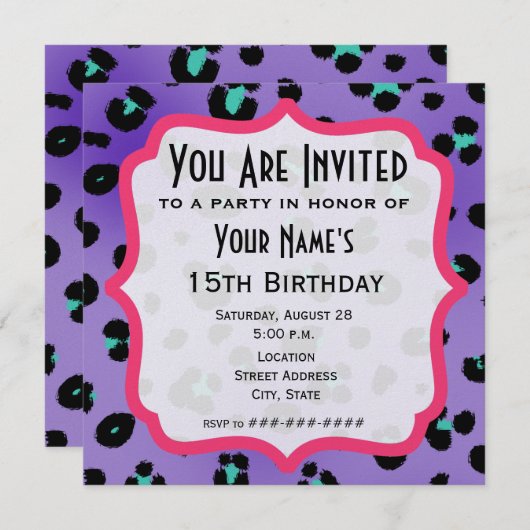 Invitation Carton d'invitation à motif léopard violet pour fê (Devant / Derrière)