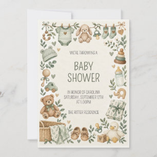 Invitation Carton d'invitation à un baby shower Ourson Vert S