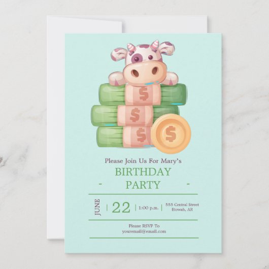 Invitation Carton d'invitation à une fête avec une vache mign (Devant)