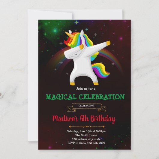 Invitation Carton d'invitation à une fête de licorne dabbing (Devant)