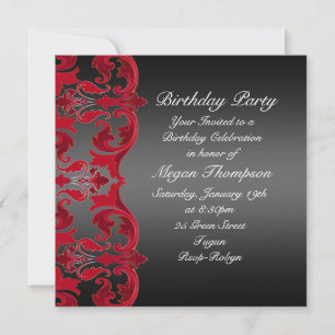 Invitation Carton d'invitation anniversaire damassé rouge/noi