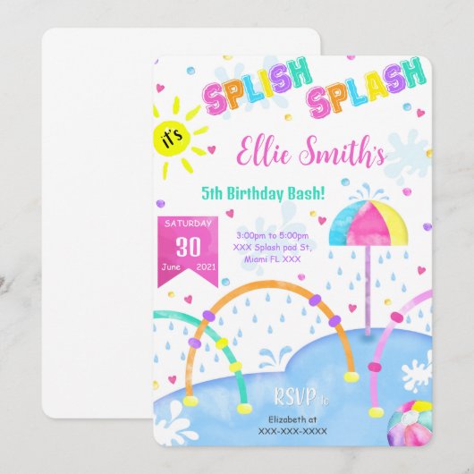 Invitation Carton d'invitation anniversaire Editable Splash P (Devant / Derrière)