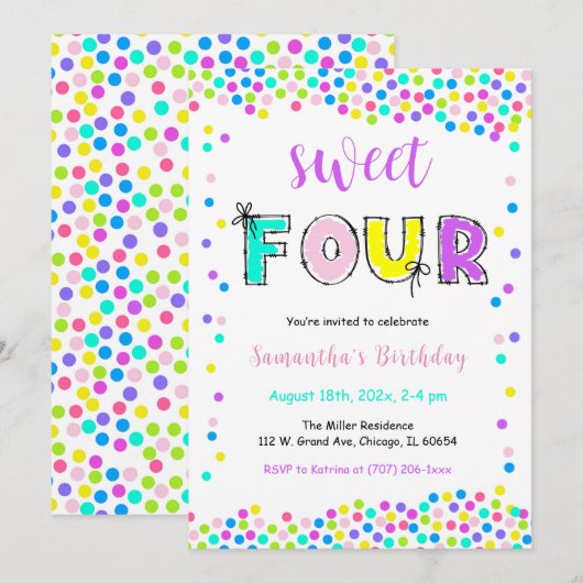 Invitation Carton d'invitation anniversaire fille modifiable (Devant / Derrière)