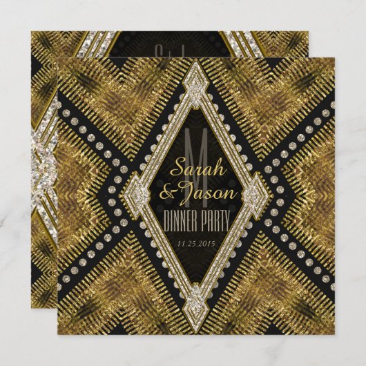 Invitation Carton d'invitation au dîner en cuir doré et noir  (Devant / Derrière)