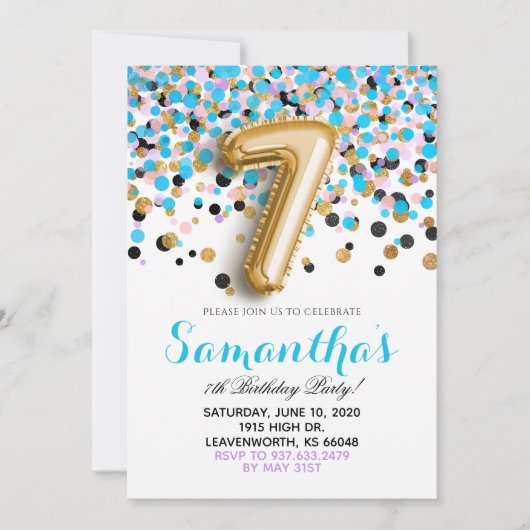 Invitation Carton d'invitation avec confettis pour 7e anniver (Devant)