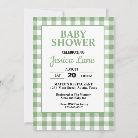 Invitation Carton d'invitation Baby Shower à carreaux vert Gi (Devant)