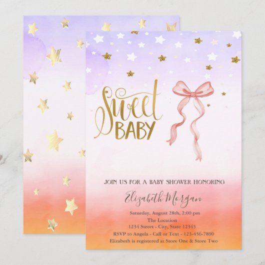 Invitation Carton d'invitation Baby Shower étoile dorée avec (Devant / Derrière)