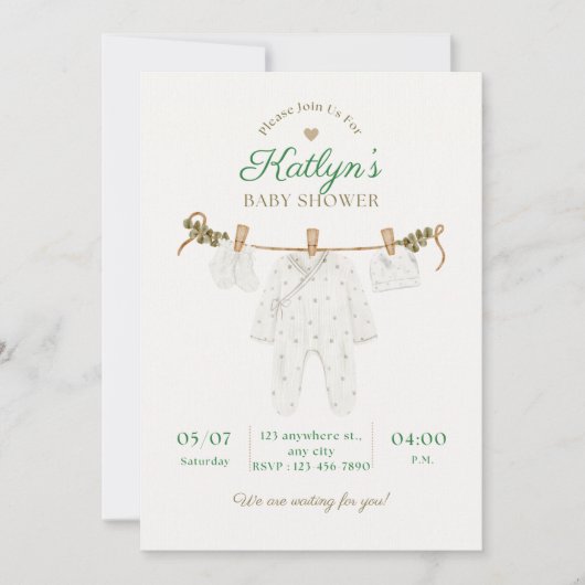 Invitation Carton d'invitation bébé beige et vert clair pour  (Devant)
