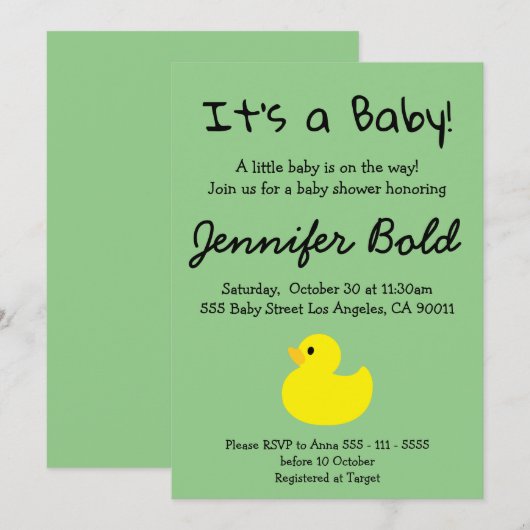 Invitation Carton d'invitation bébé canard jaune pour Baby Sh (Devant / Derrière)