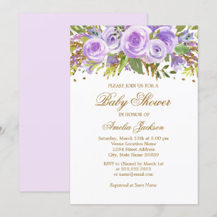 Invitation Carton d'invitation bébé Fille Fleur Rose Or Viole