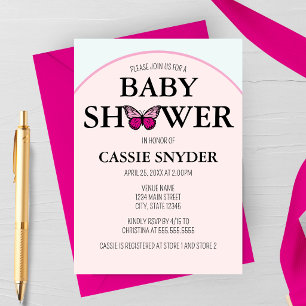 Invitation Carton d'invitation bébé papillon rose à cadre arq
