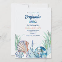 Carton d'invitation Coquillages en bleu