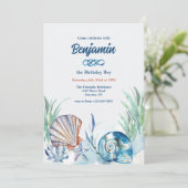 Invitation Carton d'invitation Coquillages en bleu (Debout devant)