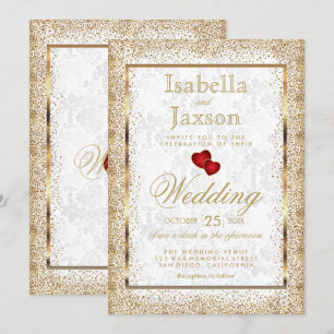 Invitation Carton d'invitation Damassé Blanc et Confettis Dor
