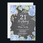 Invitation Carton d'invitation d'anniversaire 21 ans floral b<br><div class="desc">Carton d'invitation d'anniversaire 21 ans floral bleu botanique. Carton d'invitation d'anniversaire aux pivoines roses florales pour femmes. Fleur florale aquarelle. Fleurs élégantes de rose et de pivoine roses. Anniversaire adulte. Fond tableau noir. Noir et blanc. 13ème 15ème 16ème 18ème 20ème 21ème 30ème 40ème 50ème 60ème 70ème 80ème 90ème 100ème, tous...</div>