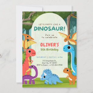 Invitation Carton d'invitation d'anniversaire 5 ans T-rex Din