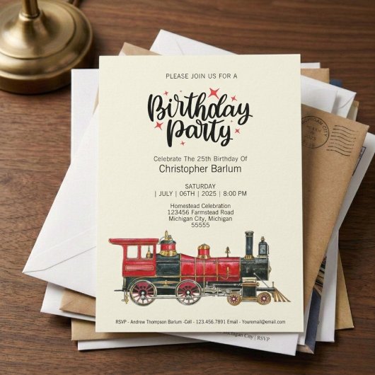 Invitation Carton d'invitation d'anniversaire à locomotive à