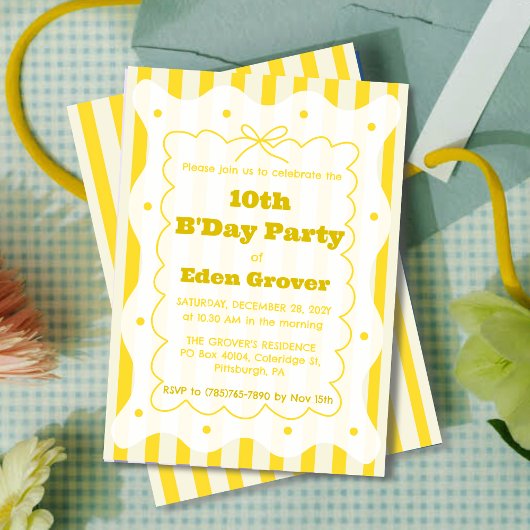 Invitation Carton d'invitation d'anniversaire aux rayures jau