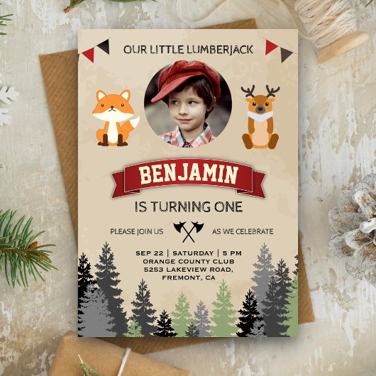 Invitation Carton d'invitation d'anniversaire bûcheron Animau