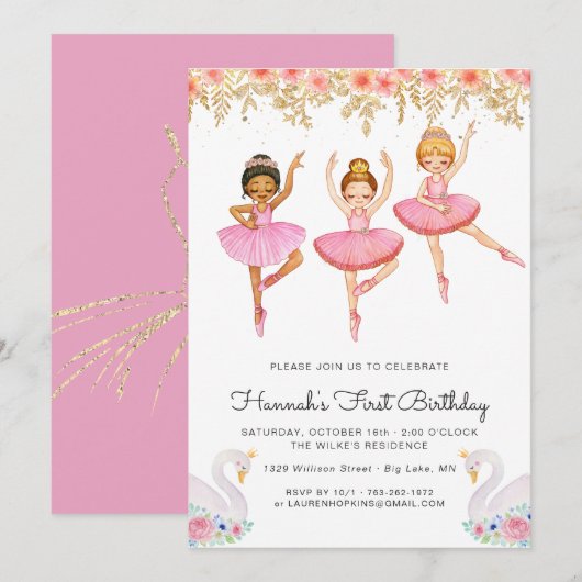 Invitation Carton d'invitation d'anniversaire de ballerine en (Devant / Derrière)