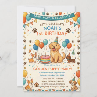 Invitation Carton d'invitation d'anniversaire de chiot Golden