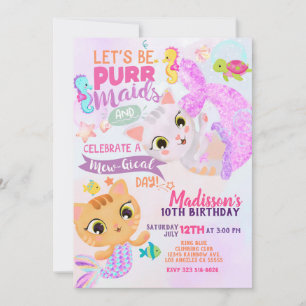 Invitation Carton d'invitation d'anniversaire de sirène félin