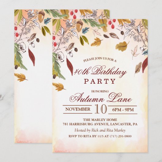Invitation Carton d'invitation d'anniversaire Feuilles d'auto (Devant / Derrière)
