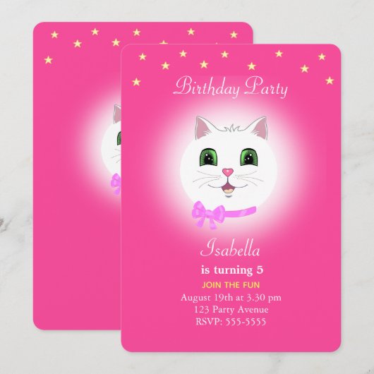 Invitation Carton d'invitation d'anniversaire fille rose Chat (Devant / Derrière)