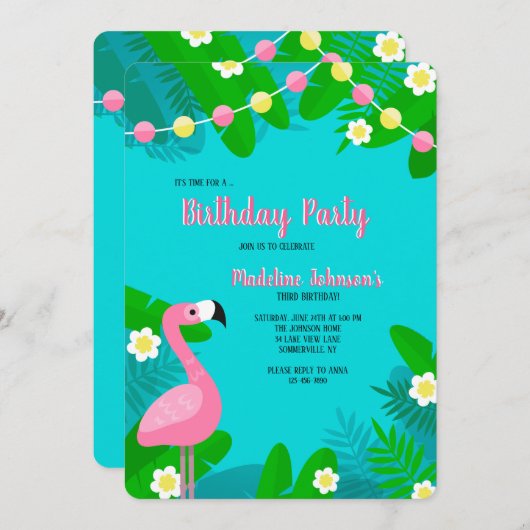Invitation Carton d'invitation d'anniversaire Flamant Rose (Devant / Derrière)