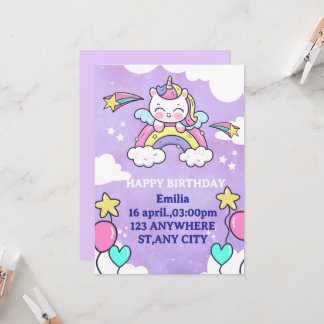 Invitation Carton d'invitation d'anniversaire Licorne Arc-en-