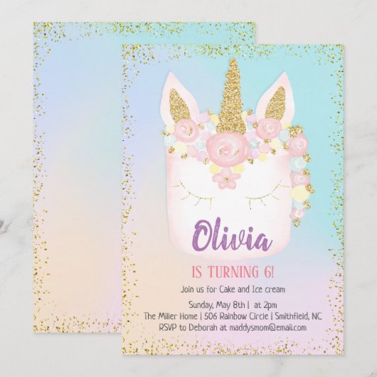 Invitation Carton d'invitation d'anniversaire Licorne Gâteau (Devant / Derrière)