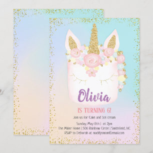 Invitation Carton d'invitation d'anniversaire Licorne Gâteau