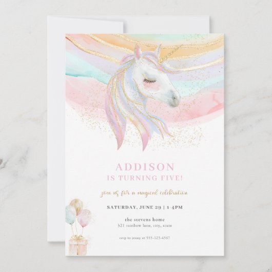 Invitation Carton d'invitation d'anniversaire licorne pastel  (Devant)