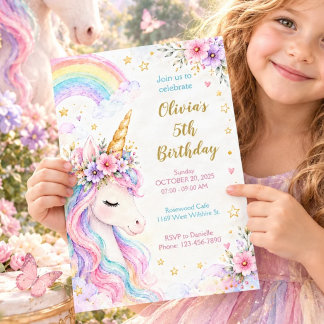 Invitation Carton d'invitation d'anniversaire Licorne Pastel