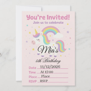 Invitation Carton d'invitation d'anniversaire Licorne Rose Ma