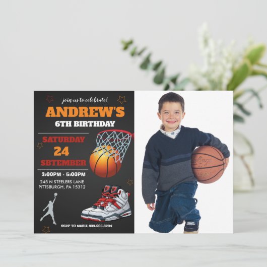 Invitation Carton d'invitation d'anniversaire photo basket-ba (Debout devant)