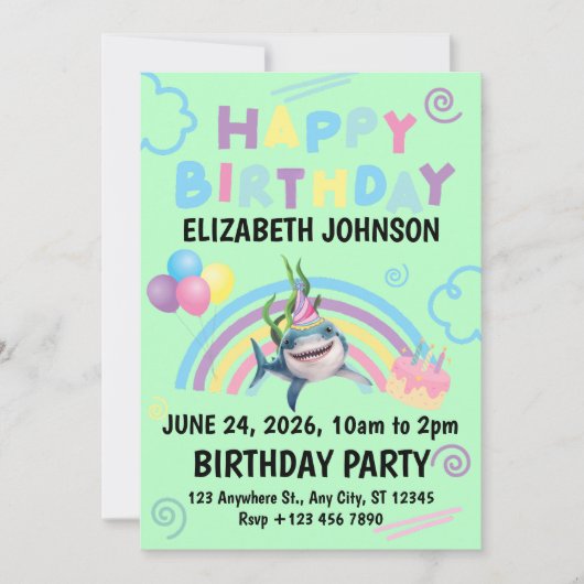 Invitation Carton d'invitation d'anniversaire requin en vert (Devant)