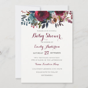 Invitation Carton d'invitation de Baby Shower Floral Bourgogn