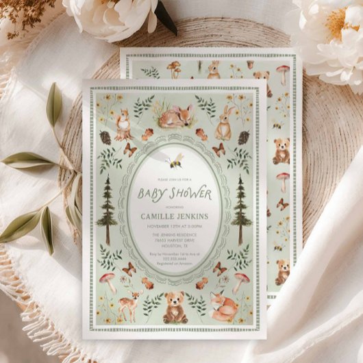 Invitation Carton d'invitation de baby shower Vert Sauge Forê
