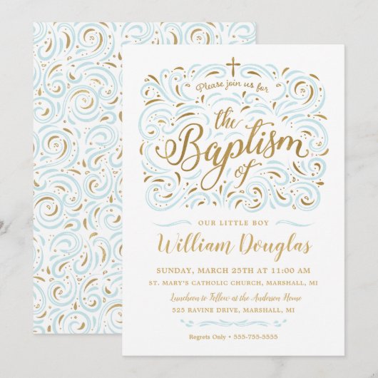 Invitation Carton d'invitation de baptême de garçon avec feui (Devant / Derrière)