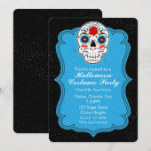 Invitation Carton d'invitation de fête bleu et crâne de sucre (Devant / Derrière)