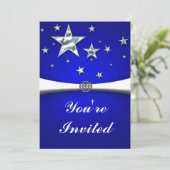 Invitation Carton d'invitation de fête Bleu foncé étoiles arg (Debout devant)