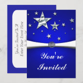 Invitation Carton d'invitation de fête Bleu foncé étoiles arg (Devant / Derrière)