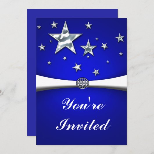 Invitation Carton d'invitation de fête bleu foncé Silver Star (Devant / Derrière)