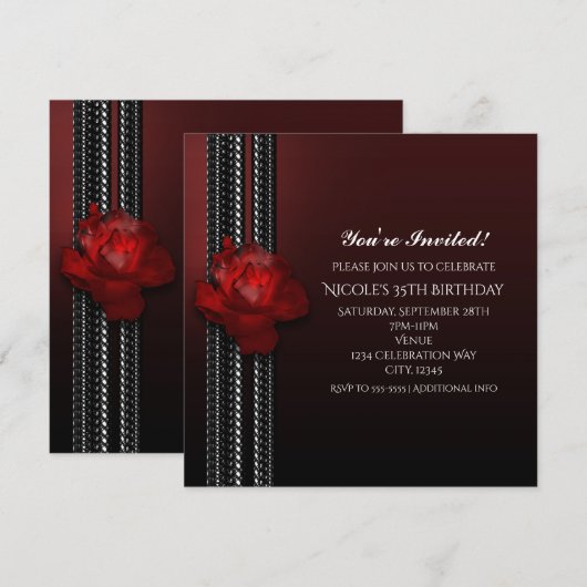 Invitation Carton d'invitation de fête burgundy Rose & Lace é (Devant / Derrière)