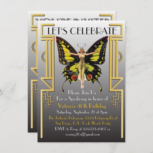 Invitation Carton d'invitation de fête Flapper Art Déco des A (Devant / Derrière)