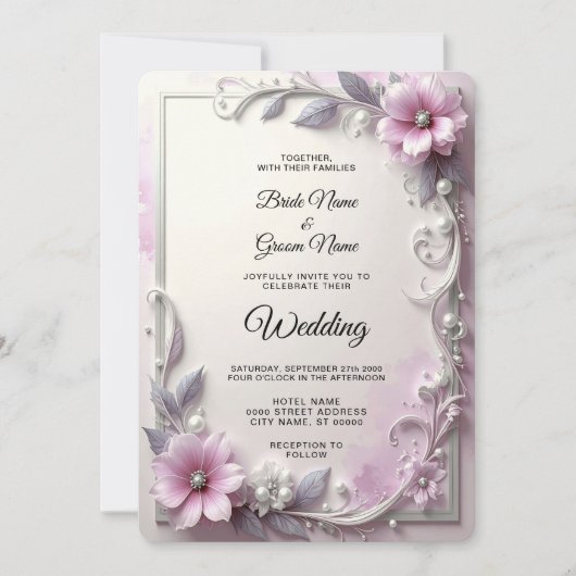 Invitation Carton d'invitation de mariage à cadre floral rose (Devant)
