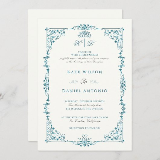 Invitation Carton d'invitation de mariage à cadre floral turq (Devant / Derrière)