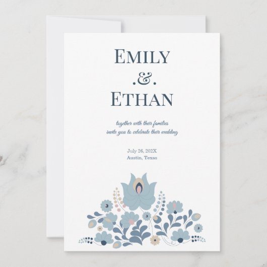 Invitation Carton d'invitation de mariage à fleurs folk bleu  (Devant)